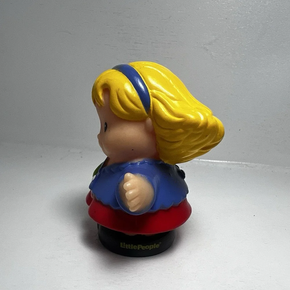 Fisher-Price Little People Blonde Girl Figure Blue Headband Red Skirt Green Bag